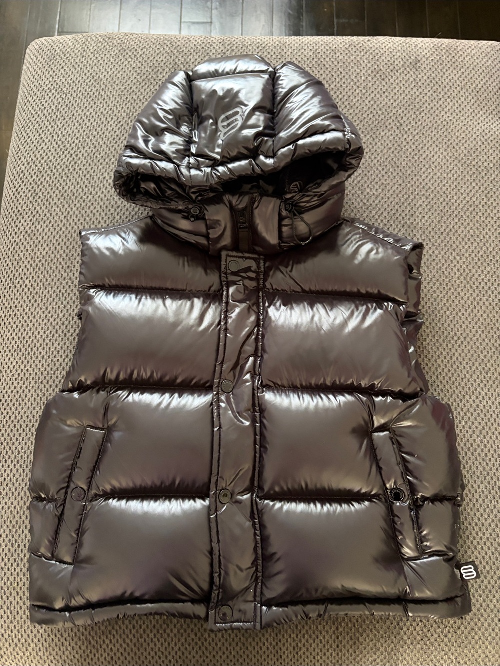 Kids Shiny Puffer Vest with Hood - Brown